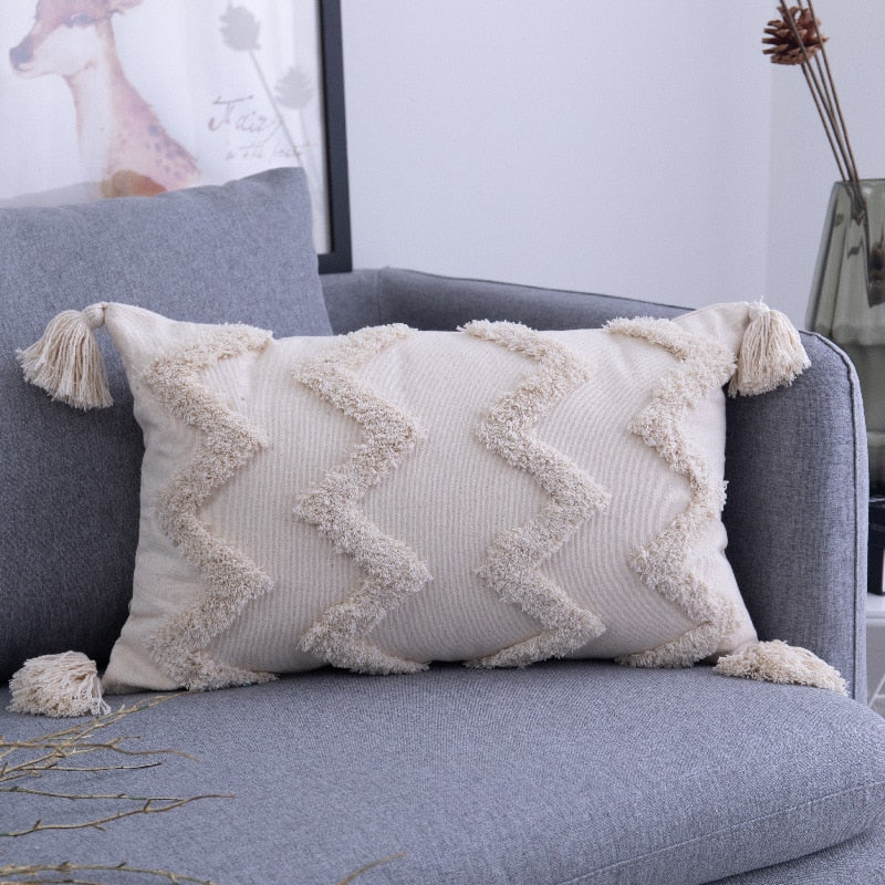 housse de coussin boheme - dimensions 30x50 avec pompons